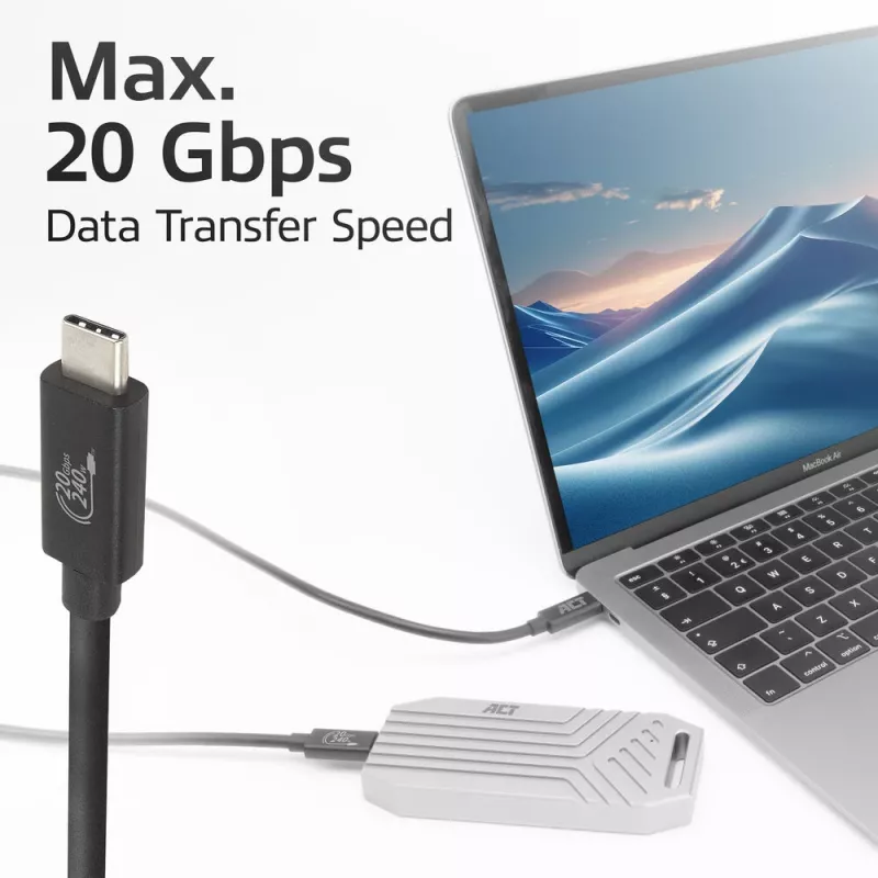 Cabo ACT USB4 20Gbps 240W USB Type-C 2 m preto certificado USB-IF