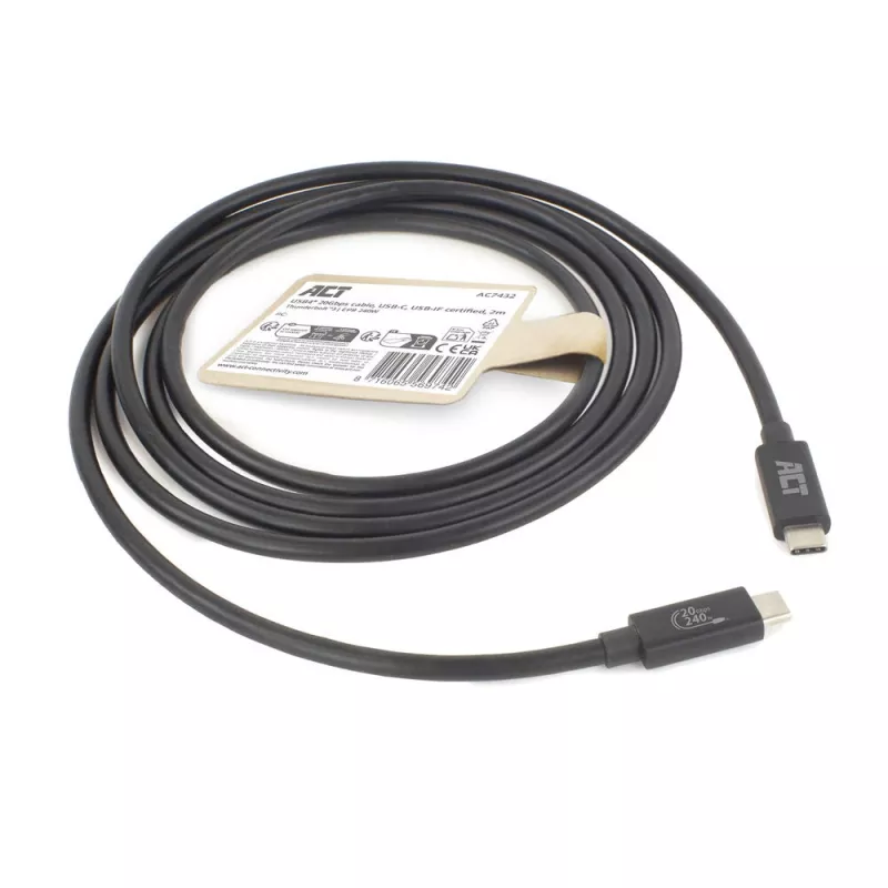 Cabo ACT USB4 20Gbps 240W USB Type-C 2 m preto certificado USB-IF