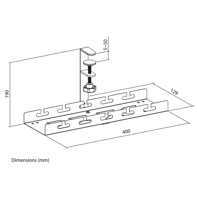 Calha de gestão de cabos ACT para secretária, fixação por aperto, 40 cm, aço, capacidade 5 kg