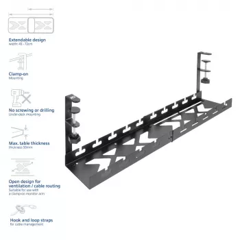 Calha de gestão de cabos ACT retrátil para secretária 43–72 cm fixação por aperto, aço, 728×130×190 mm, 5 kg