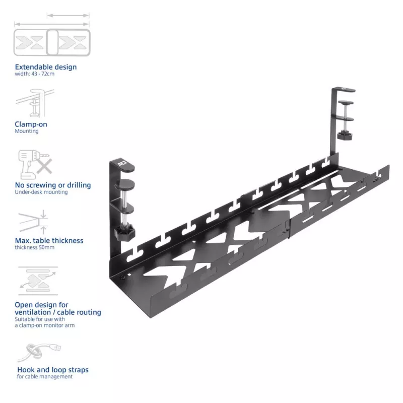 Calha de gestão de cabos ACT retrátil para secretária 43–72 cm fixação por aperto, aço, 728×130×190 mm, 5 kg