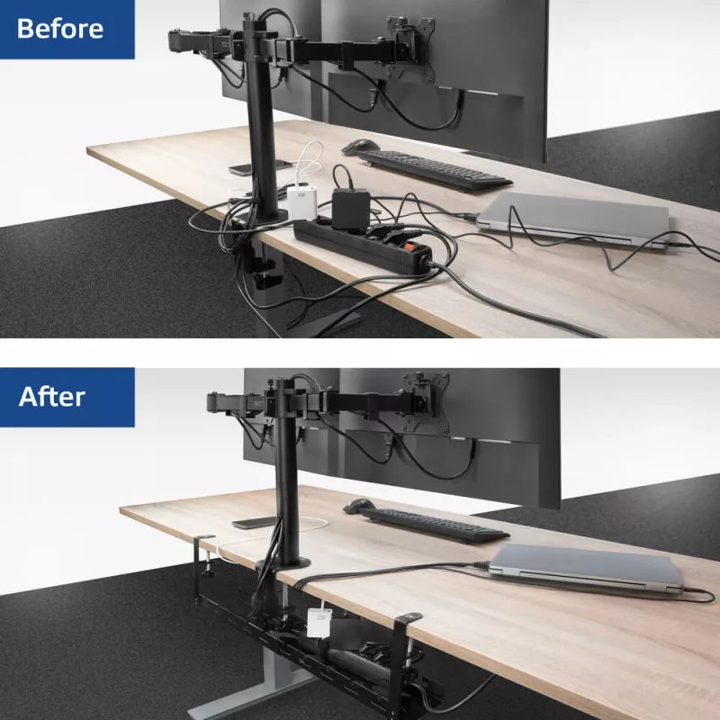 Calha de gestão de cabos ACT retrátil para secretária 43–72 cm fixação por aperto, aço, 728×130×190 mm, 5 kg