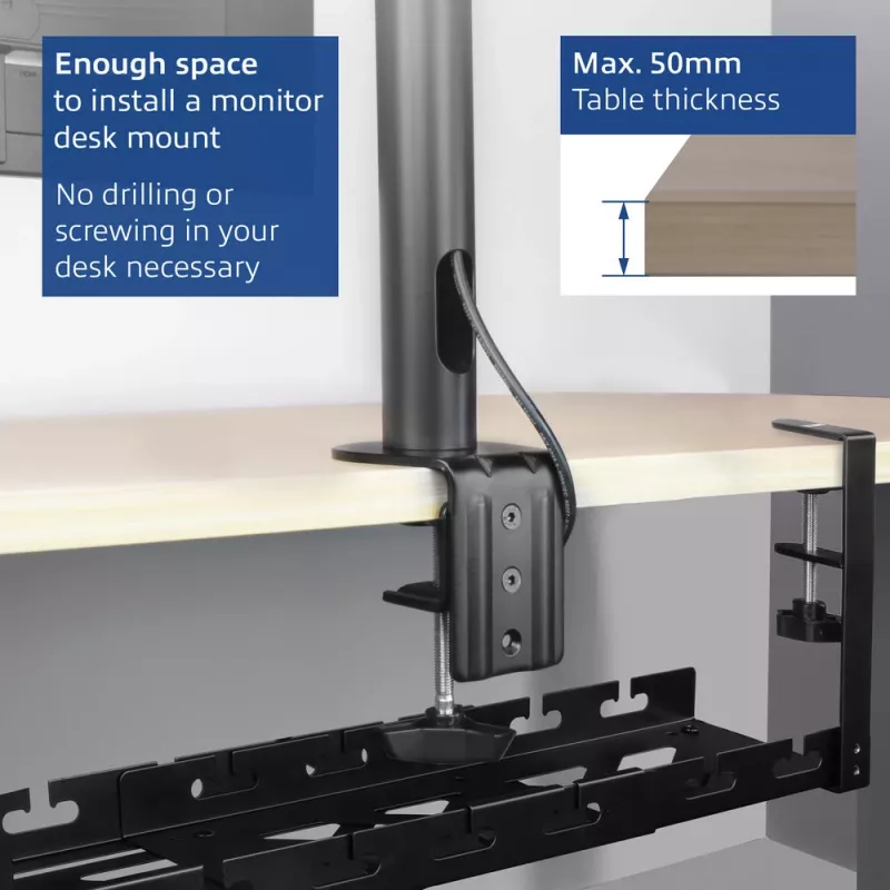 Calha de gestão de cabos ACT retrátil para secretária 43–72 cm fixação por aperto, aço, 728×130×190 mm, 5 kg