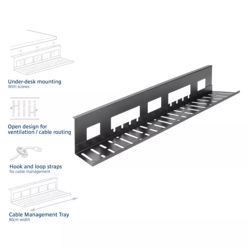Calha de gestão de cabos ACT para secretária 80 cm – calha reta horizontal em aço 800×140×100 mm