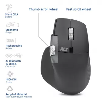 Rato sem fios ACT AC5147, Bluetooth/USB, Silent Click, 4800 DPI, cinzento