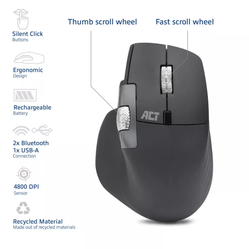 ACT AC5147 rato sem fios, Bluetooth/USB, clique silencioso, 4800 DPI, cinzento