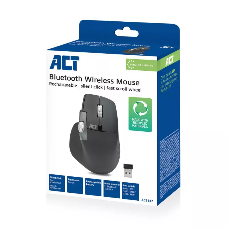 ACT AC5147 rato sem fios, Bluetooth/USB, clique silencioso, 4800 DPI, cinzento