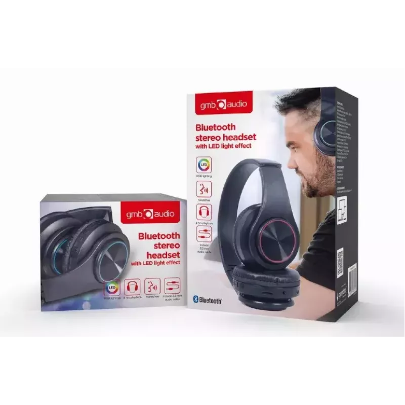 Headset com fios e sem fios GEMBIRD BHP-LED-01, supra-aural, arco de cabeça, preto, cabo de 0,3 m, 150 g