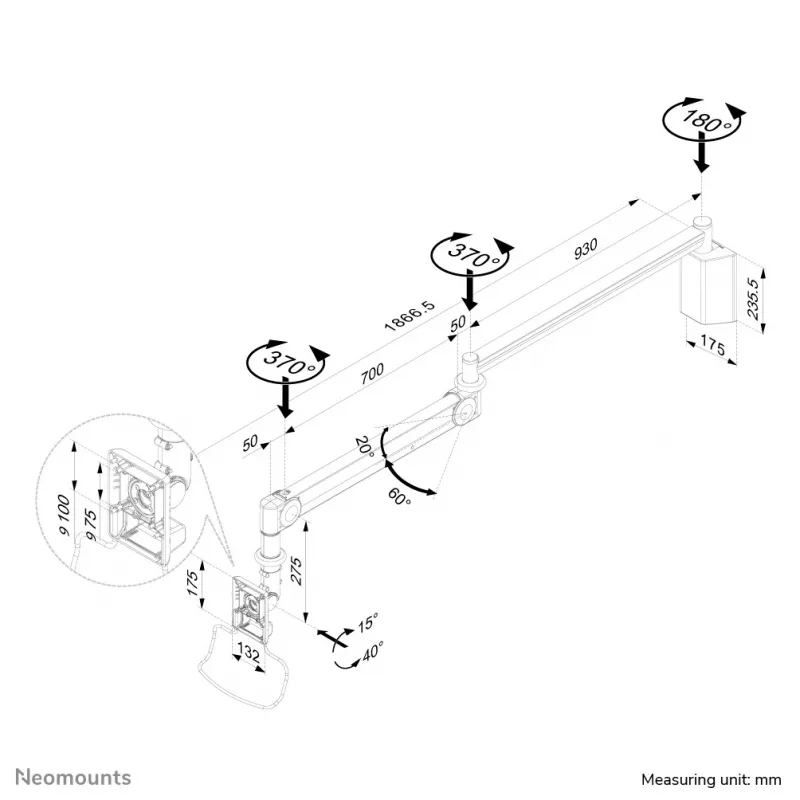 Suporte de parede para monitor médico Neomounts FPMA-HAW100HC 10-32 polegadas - h 0-170 cm - mola a gás