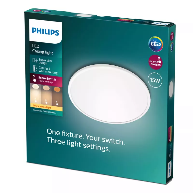 Philips Functional candeeiro de teto super fino 15 W, LED, lâmpadas não substituíveis, 2700 K, 1300 lm, IP20, branco