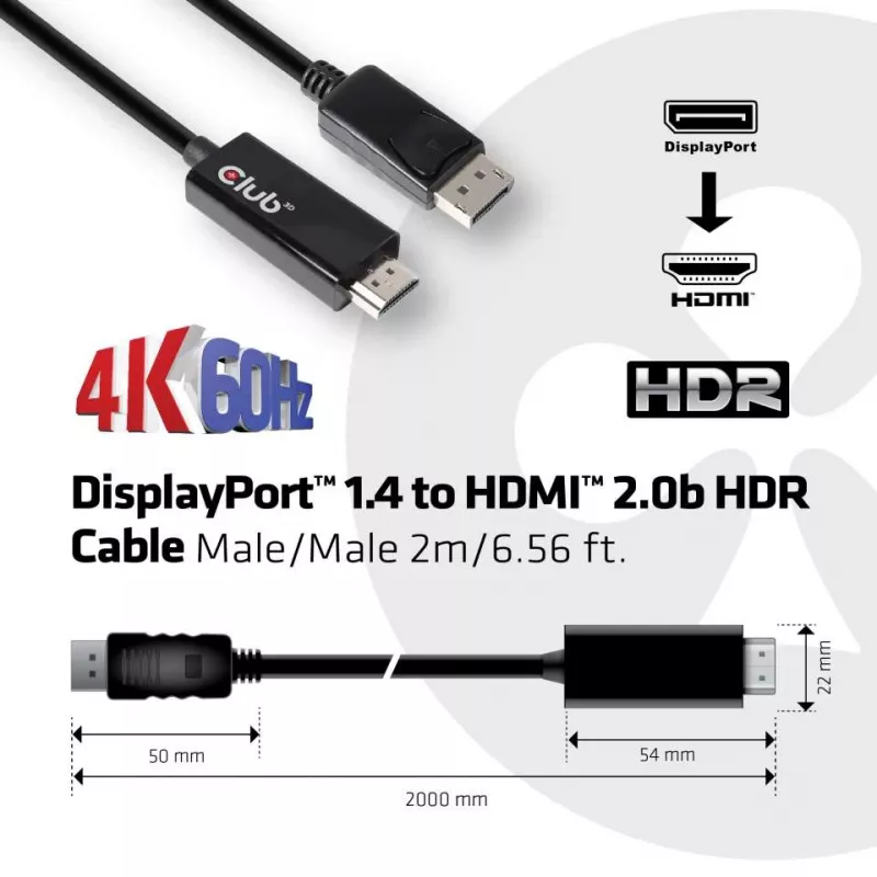 CLUB3D cabo DisplayPort 1.4 para HDMI 2.0b HDR, macho/macho, 2 m