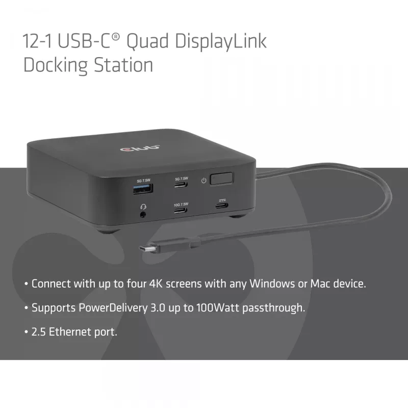 Docking station USB-C Quad DisplayLink CLUB 3D CSV-2542 — 2× DisplayPort 8K60Hz, 2× HDMI 4K60Hz, PD 100W, Ethernet 2.5G