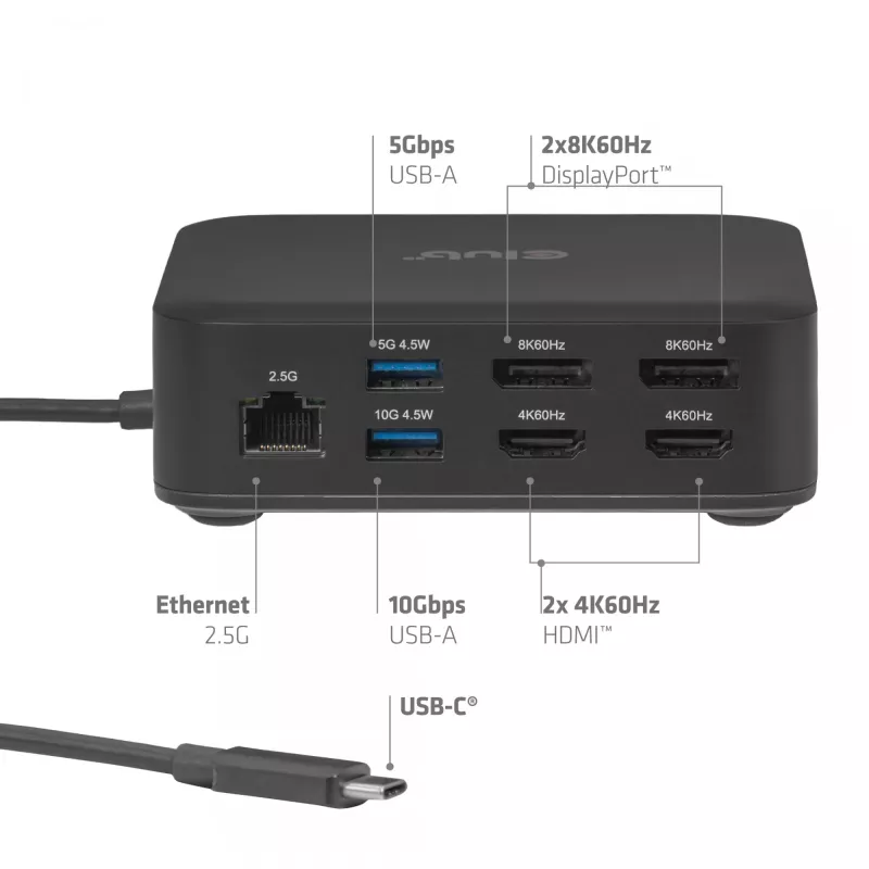 Docking station USB-C Quad DisplayLink CLUB 3D CSV-2542 — 2× DisplayPort 8K60Hz, 2× HDMI 4K60Hz, PD 100W, Ethernet 2.5G
