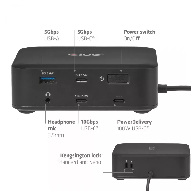Docking station USB-C Quad DisplayLink CLUB 3D CSV-2542 — 2× DisplayPort 8K60Hz, 2× HDMI 4K60Hz, PD 100W, Ethernet 2.5G