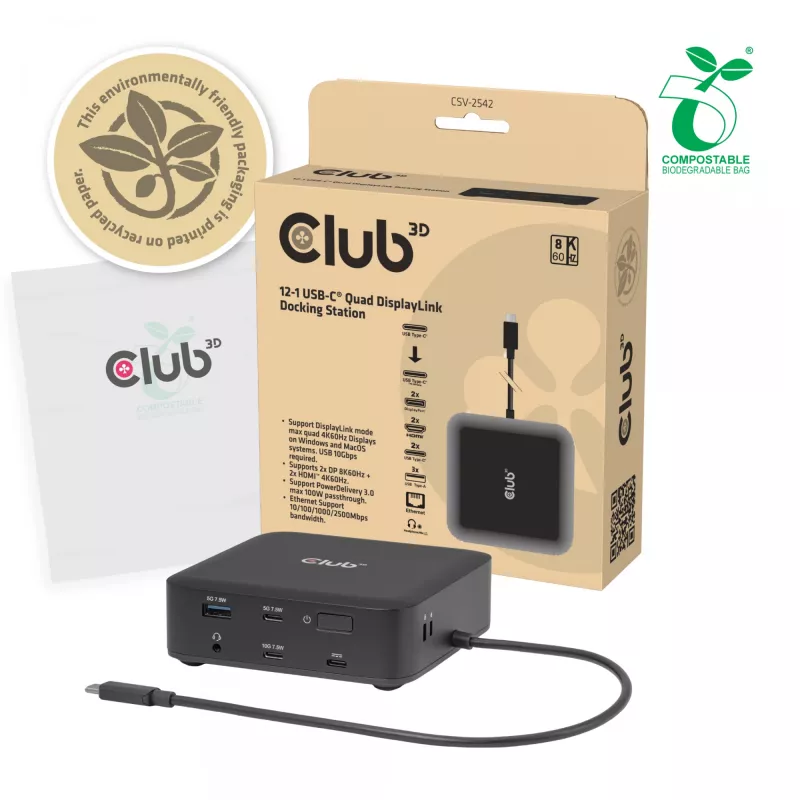 Docking station USB-C Quad DisplayLink CLUB 3D CSV-2542 — 2× DisplayPort 8K60Hz, 2× HDMI 4K60Hz, PD 100W, Ethernet 2.5G