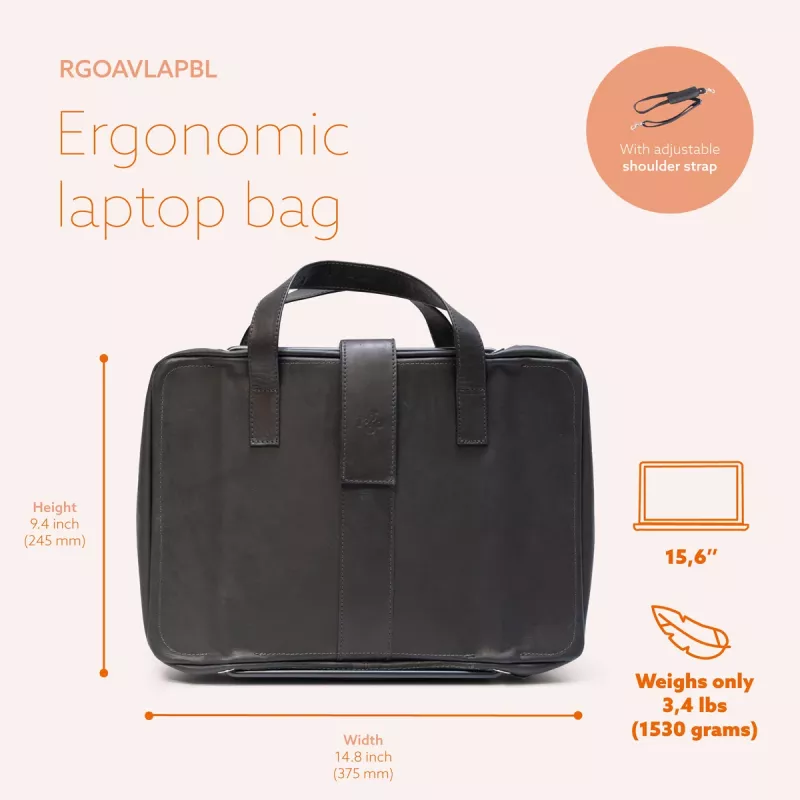 R-Go Tools mala para portátil R-Go Viva, couro integral, com suporte para portátil integrado, alça de ombro, 39,6 cm (15,6 polegadas), preto