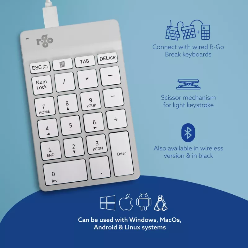 R-Go Tools teclado numérico R-Go Numpad Break, teclado numérico ergonómico com software de pausas, com fios, branco