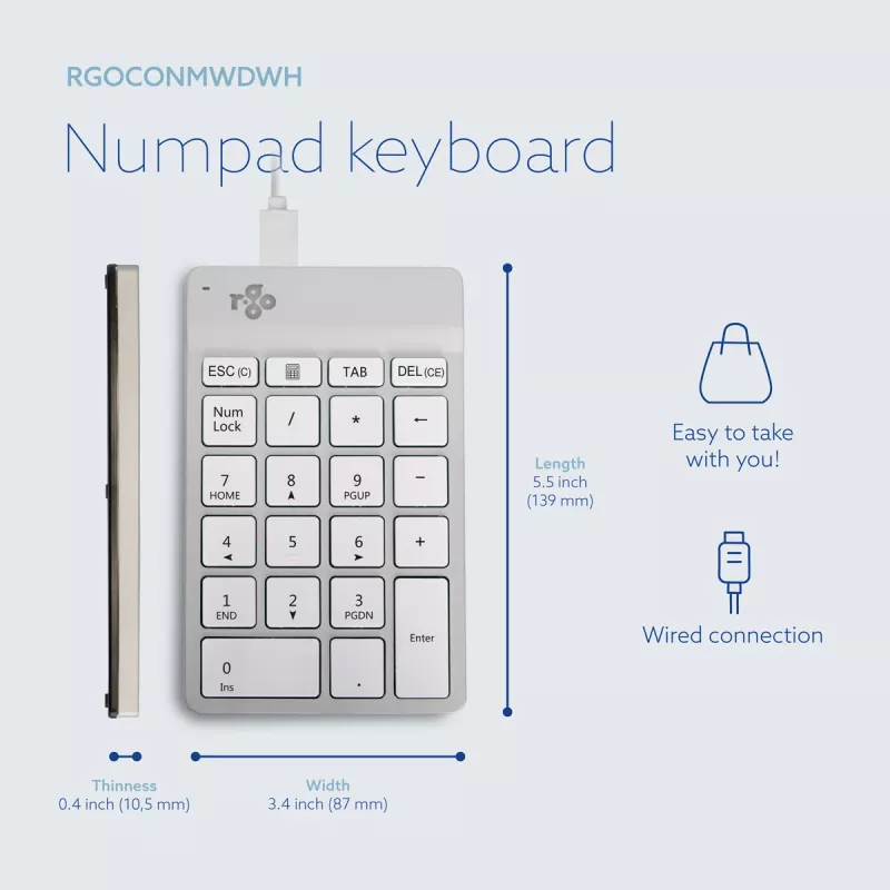 R-Go Tools teclado numérico R-Go Numpad Break, teclado numérico ergonómico com software de pausas, com fios, branco