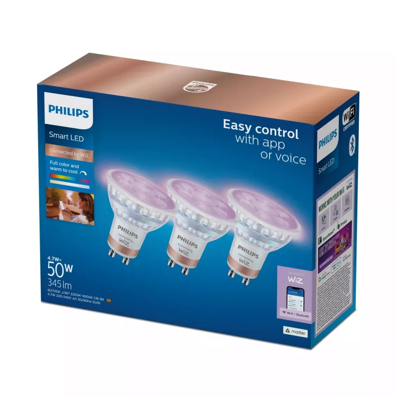 WiZ Philips Smart WiFi Spot PAR16 RGB GU10, pack de 3, Full Colour