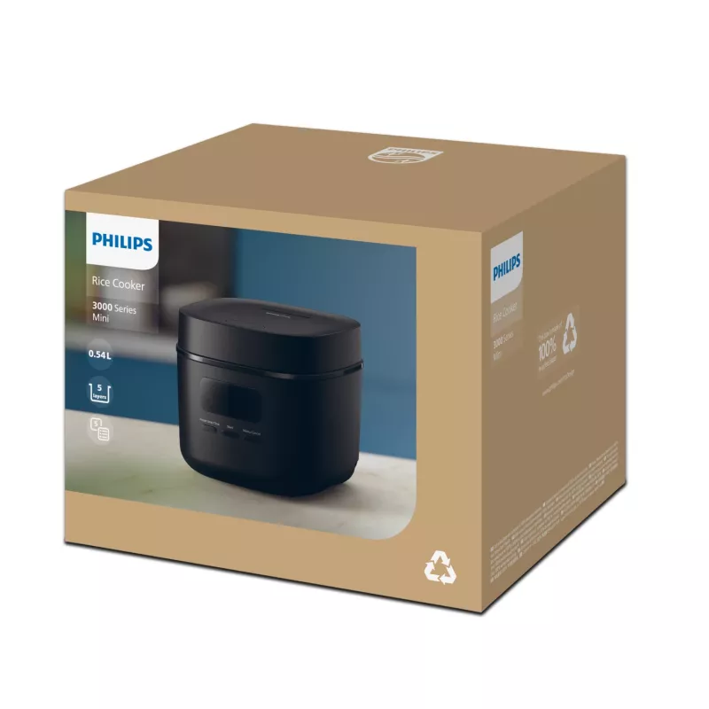 Panela de arroz Philips 3000 Series HD3080/80, 0,54 L, 400 W, preto, controlo por botões