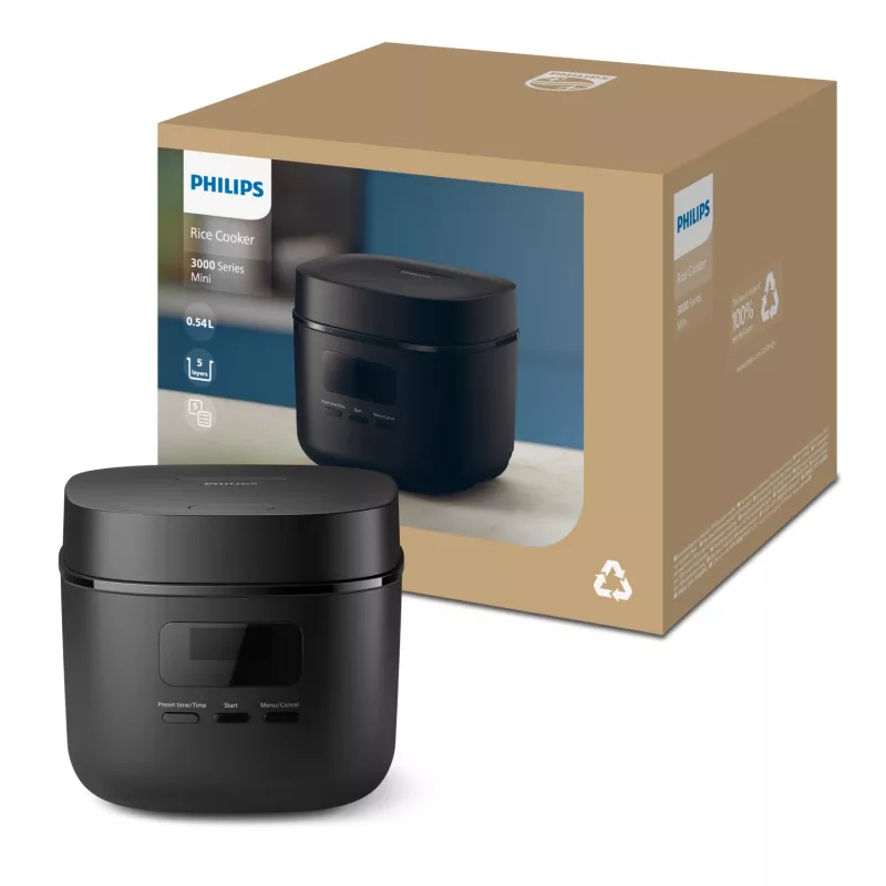 Panela de arroz Philips 3000 Series HD3080/80, 0,54 L, 400 W, preto, controlo por botões