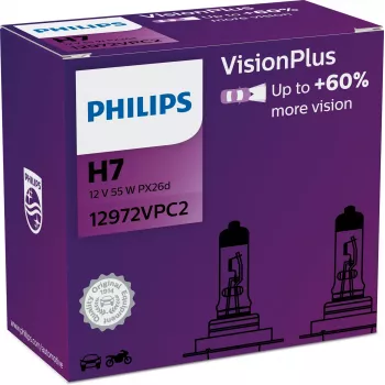 Philips VisionPlus 12972VPC2 mais segurança e conforto, 55 W, 12 V, H7, halogéneo, 2 unidades
