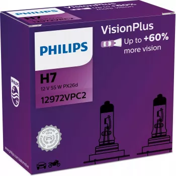 Philips VisionPlus 12972VPC2 mais segurança e conforto, 55 W, 12 V, H7, halogéneo, 2 unidades