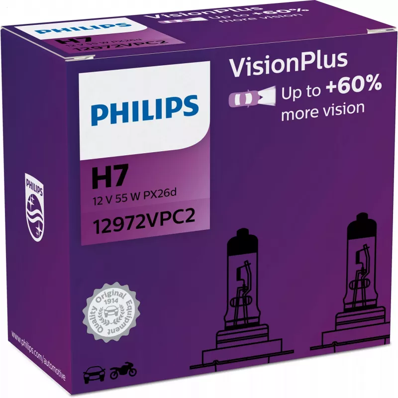 Philips VisionPlus 12972VPC2 mais segurança e conforto, 55 W, 12 V, H7, halogéneo, 2 unidades