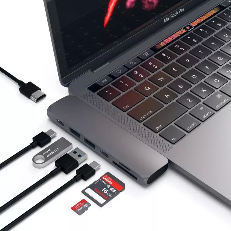 Dock/replicador de portas para portátil Satechi ST-CMBPM — anfitrião USB 3.2 Gen 1 Type-C, HDMI, USB-A, SD/MicroSD, cinzento