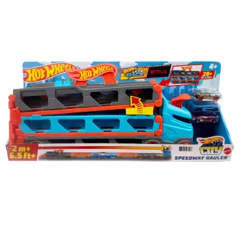 Hot Wheels City Speedway Hauler Carrier com 3 carros de brinquedo, conjunto de veículos, 4 ano(s), plástico, cinzento, multicolor