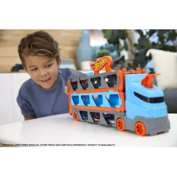 Hot Wheels City Speedway Hauler Carrier com 3 carros de brinquedo, conjunto de veículos, 4 ano(s), plástico, cinzento, multicolor