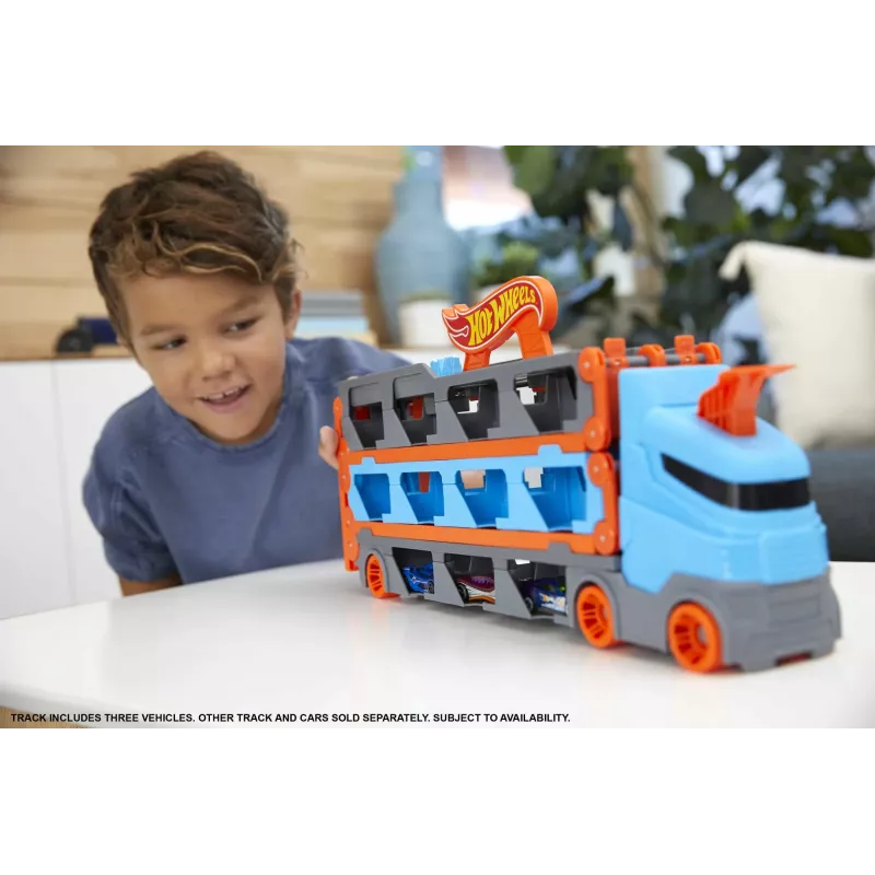 Hot Wheels City Speedway Hauler Carrier com 3 carros de brinquedo, conjunto de veículos, 4 ano(s), plástico, cinzento, multicolor