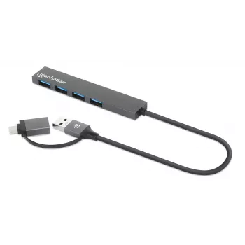 Manhattan Dock/Hub Combo USB-C e USB-A, ligações (4): USB-A (x4), 5 Gbps (USB 3.2 Gen1 também conhecido como USB 3.0), alimentado por USB (não requer fonte de alimentação externa), cabo 25 cm