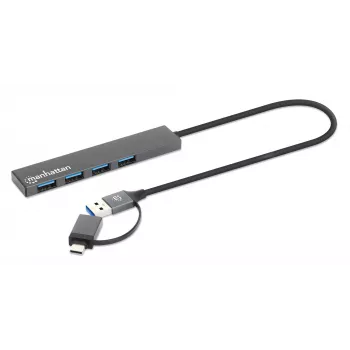 Manhattan Dock/Hub Combo USB-C e USB-A, ligações (4): USB-A (x4), 5 Gbps (USB 3.2 Gen1 também conhecido como USB 3.0), alimentado por USB (não requer fonte de alimentação externa), cabo 25 cm