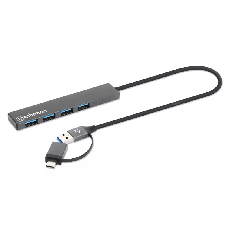 Manhattan Dock/Hub Combo USB-C e USB-A, ligações (4): USB-A (x4), 5 Gbps (USB 3.2 Gen1 também conhecido como USB 3.0), alimentado por USB (não requer fonte de alimentação externa), cabo 25 cm