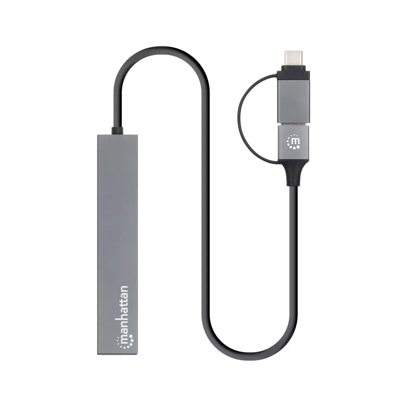 Manhattan Dock/Hub Combo USB-C e USB-A, ligações (4): USB-A (x4), 5 Gbps (USB 3.2 Gen1 também conhecido como USB 3.0), alimentado por USB (não requer fonte de alimentação externa), cabo 25 cm