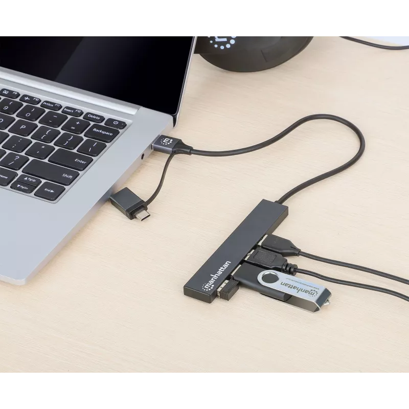 Manhattan Dock/Hub Combo USB-C e USB-A, ligações (4): USB-A (x4), 5 Gbps (USB 3.2 Gen1 também conhecido como USB 3.0), alimentado por USB (não requer fonte de alimentação externa), cabo 25 cm