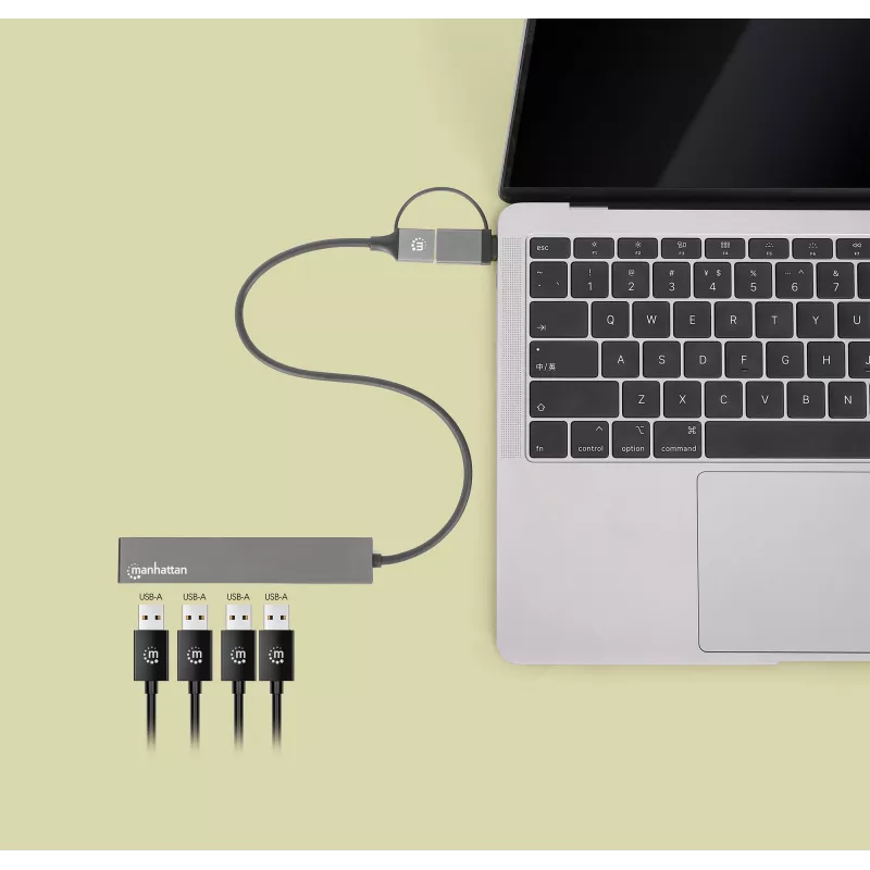 Manhattan Dock/Hub Combo USB-C e USB-A, ligações (4): USB-A (x4), 5 Gbps (USB 3.2 Gen1 também conhecido como USB 3.0), alimentado por USB (não requer fonte de alimentação externa), cabo 25 cm