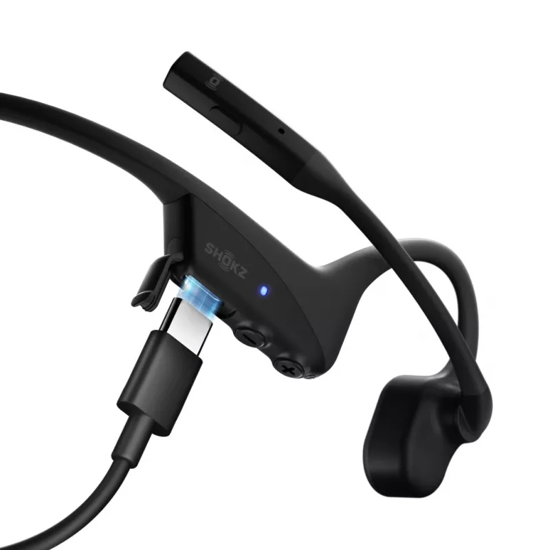 SHOKZ OpenComm2 2025 Upgrade Headset Bluetooth de condução óssea sem fios para videoconferências com porta de carregamento USB-C | 16 h de tempo de conversação, 29 m de alcance, 1 h de carregamento | Com microfone de arco com cancelamento de ruído, preto