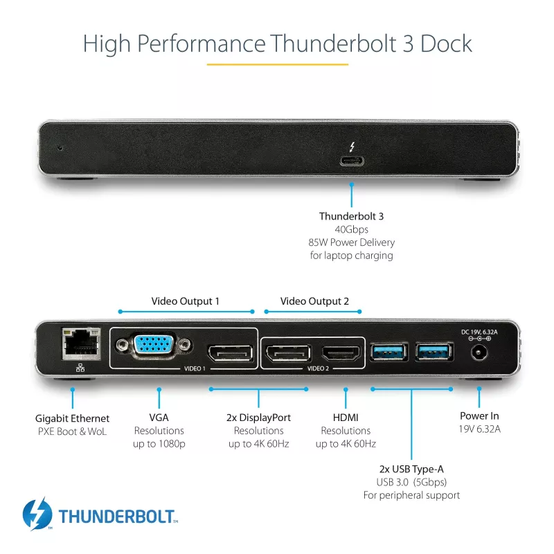 StarTech.com Dock Thunderbolt 3 – Estação de acoplamento TB3 para portátil com monitor Dual-4K-60-Hz com DisplayPort, HDMI e VGA 1080p – 85 W Power Delivery e potência de carregamento – 2x USB-A, Ethernet – Mac e Windows