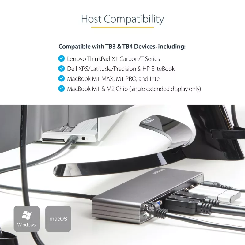 StarTech.com Dock Thunderbolt 3 – Estação de acoplamento TB3 para portátil com monitor Dual-4K-60-Hz com DisplayPort, HDMI e VGA 1080p – 85 W Power Delivery e potência de carregamento – 2x USB-A, Ethernet – Mac e Windows