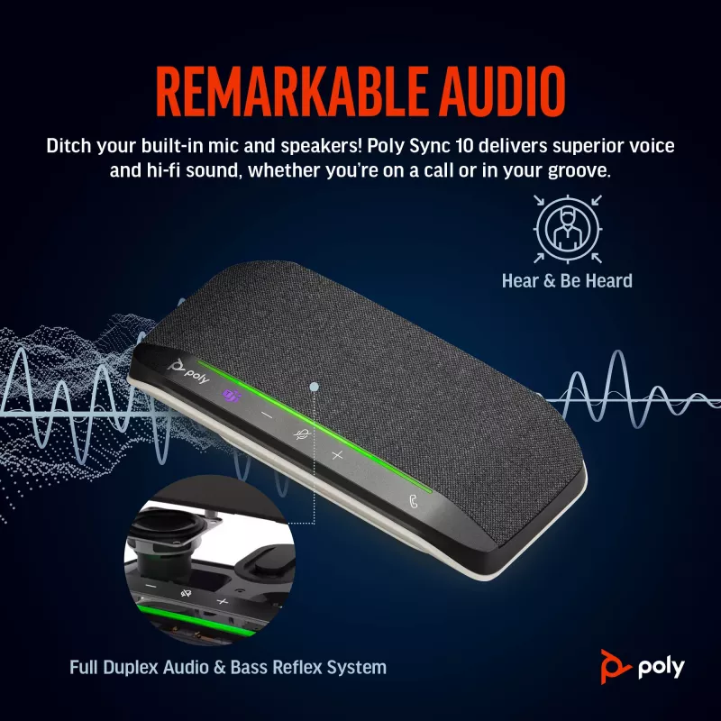 Speakerphone HP Poly Sync 10 certificado Microsoft Teams, PC, prateado, 0,715 m, IP64, Windows 10, Windows 11, MacOS