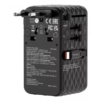 Verbatim Charge 'n' Travel 70W 2C Adaptador de viagem universal retrátil Preto