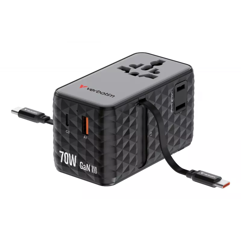 Verbatim Charge 'n' Travel 70W 2C Adaptador de viagem universal retrátil Preto