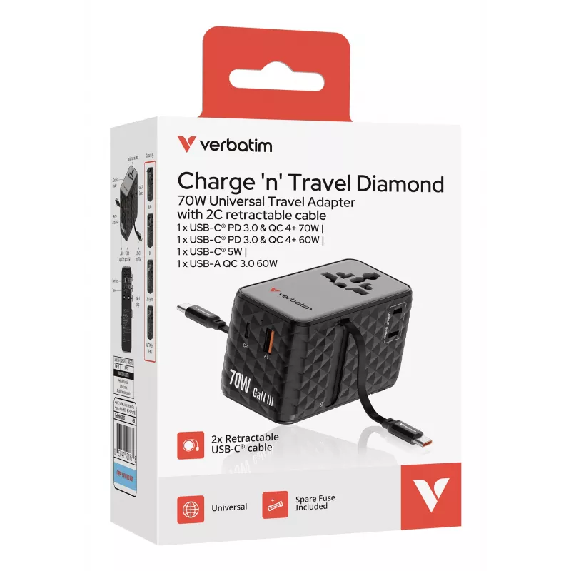 Verbatim Charge 'n' Travel 70W 2C Adaptador de viagem universal retrátil Preto