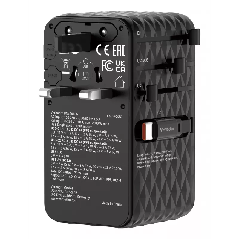 Verbatim Charge 'n' Travel 70W 2C Adaptador de viagem universal retrátil Preto