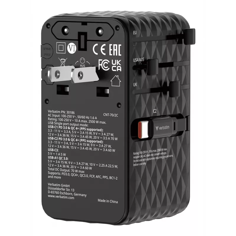 Verbatim Charge 'n' Travel 70W 2C Adaptador de viagem universal retrátil Preto