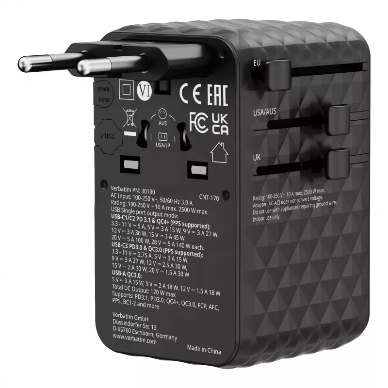 Verbatim Charge 'n' Travel 170W Adaptador de viagem universal Preto