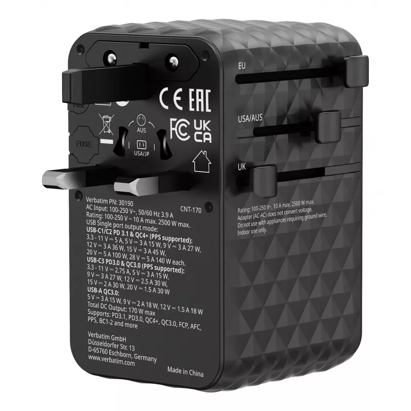 Verbatim Charge 'n' Travel 170W Adaptador de viagem universal Preto