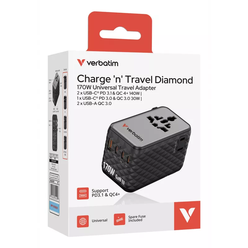 Verbatim Charge 'n' Travel 170W Adaptador de viagem universal Preto